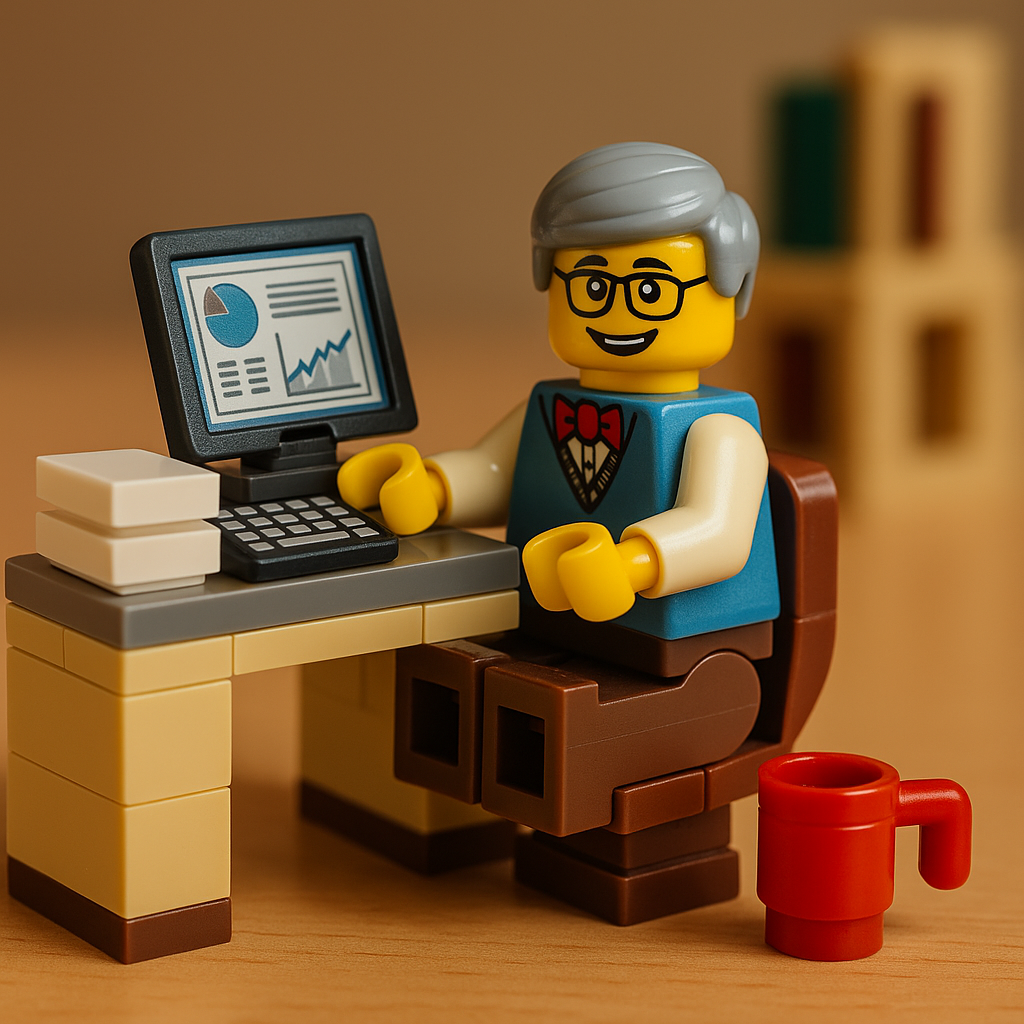 LEGO contador trabajando en su escritorio con una laptop y gráficos en pantalla, representando una firma contable organizada que cuenta con soporte técnico para contadores.
