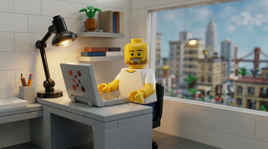 Una fotografía macro hiperrealista de una escena de oficina Lego B2B moderna, en formato panorámico 16:9. Un minifigura de ingeniero de software Lego con barba y t-shirt blanco-amarillo está sentado en un escritorio de ladrillos grises y escribiendo en una laptop de Lego con un logotipo de molécula roja. Una lámpara de escritorio articulada de metal negro está encendida a su izquierda. Arriba, estanterías flotantes con una planta en maceta de Lego y libros de ladrillos. Una ventana grande muestra un paisaje urbano Lego borroso con edificios y un puente. Esta imagen simboliza al 'especialista estratégico' del modelo de Outsourcing de TI profesionalizado de Adaptive, operando con enfoque y precisión. El entorno limpio y moderno ilustra la eficiencia operativa y la rentabilidad de los servicios administrados de TI precios competitivos del Outsourcing de TI Bogotá de Adaptive, comparado con el soporte in-house tradicional, aumentando la rentabilidad tecnología empresas Bogotá mediante la automatización procesos empresas.